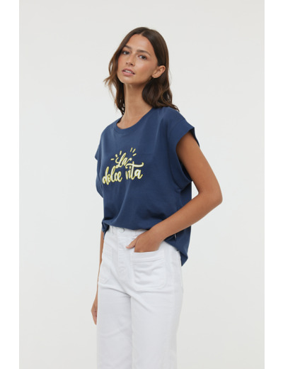T-shirt sans manche graph et broderie « Dolce Vita »