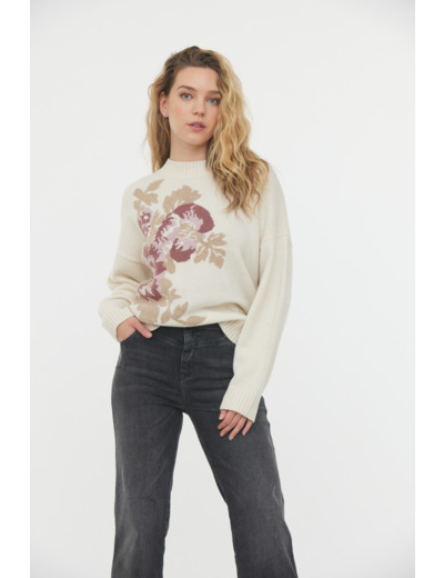 Pull ballon en laine mélangée jacquart fleurs baroques