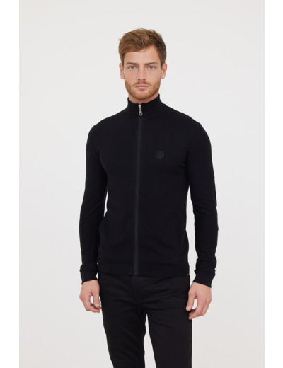 Gilet zippé en coton et laine recyclée, col cheminée avec print poitrine