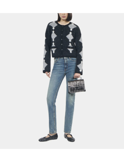 Cardigan En Alpaga À Losanges Gris black grey white