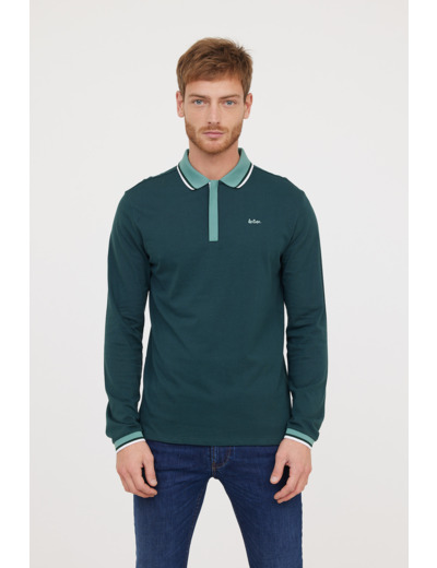 Polo manches longues détails col et poignet zip et broderie poitrine contrastée