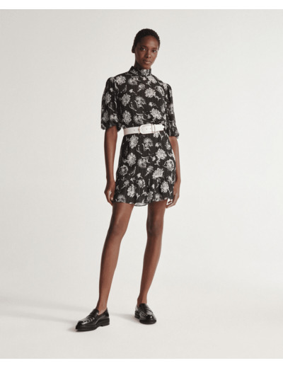 Robe Courte Manches 3/4 Avec Jupe Plissee En Dandy Jacquard