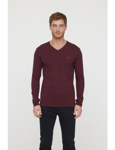 T-shirt basique col V manches longues en coton bio avec print poirtine