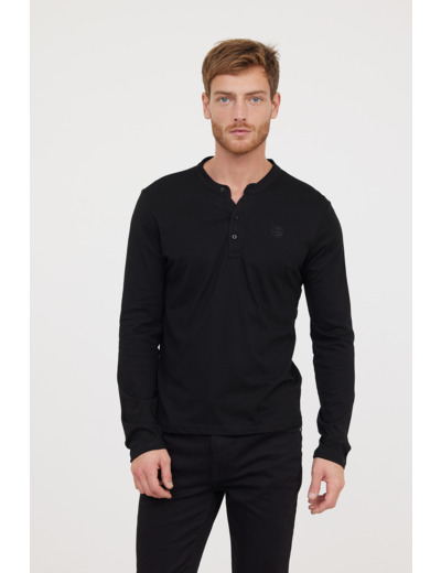 T-shirt Basique col tunisien fantaisie manches longues en coton bio et print poitrine