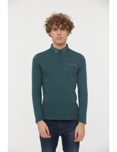 Polo city manches longues en coton jersey détail col et poche poitrine