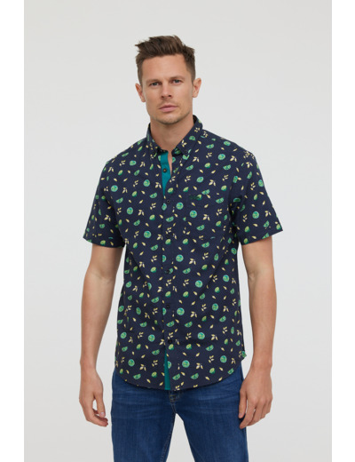 Chemise manches courtes en coton imprimé "Citrons", avec détails contrastés, col boutonné