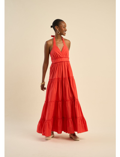 Robe longue dos nu à volants