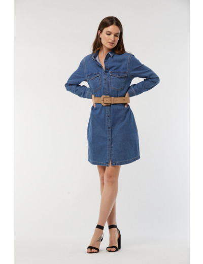 Robe chemise en jean à boutons pression et poches poitrines