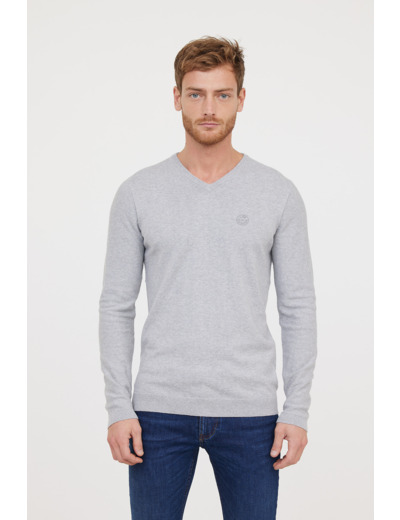 Pull basique col V avec laine recyclée et print poitrine