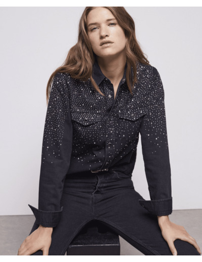 Chemise Western Black Denim Avec Strass noir