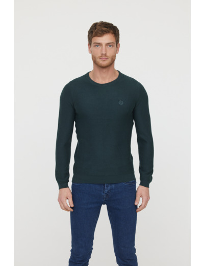 Pull basique col rond maille fantaisie en coton bio avec print poitrine