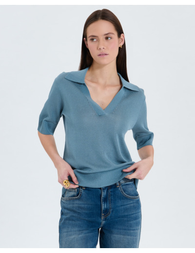 Pull col V à revers bleu