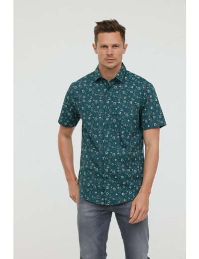 Chemise manches courtes, imprimé fleurs, avec broderie et poche poitrine