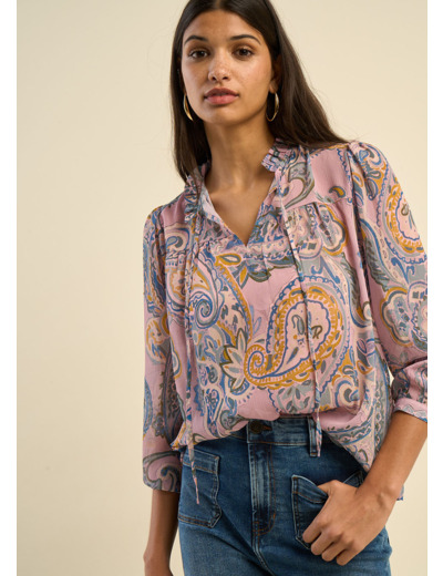 Blouse ample imprimée cachemire avec col tunisien