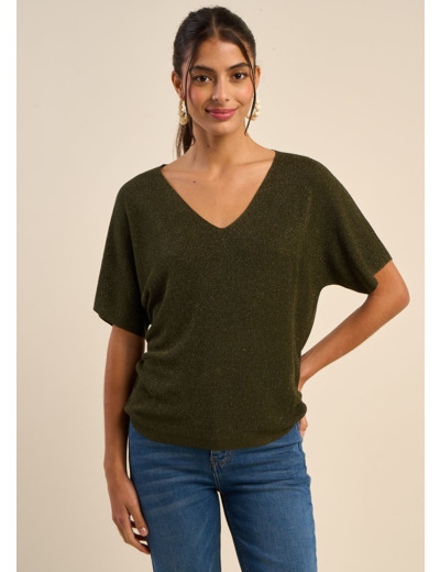 Pull col V manches courtes avec détails fils lurex