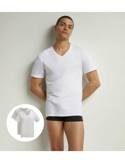 Lot de 2 t-shirts homme en coton bio Blanc Gris à col V Dim Good