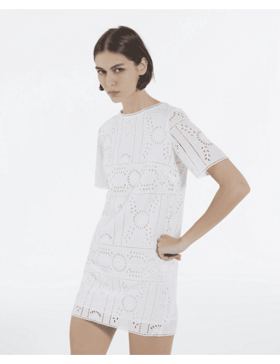 Robe courte manches courtes flower embroidery white