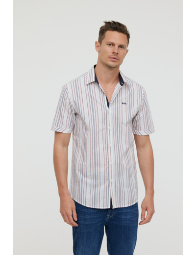 Chemise rayée en tissu seersucker, manches courtes et broderie poitrine