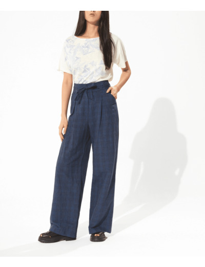 Pantalon large carreaux navy orange