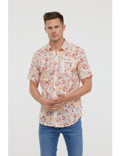 Chemise en voile de coton, manches courtes, imprimé fleurs,  poche poitrine et détails contrastés