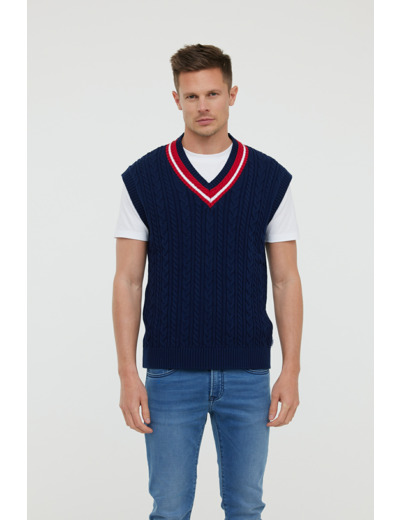 Pull sans manche en maille torsadée, col V en rib et rayure contrastée