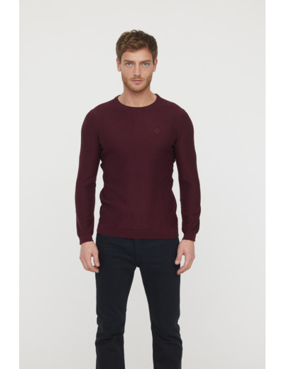 Pull basique col rond maille fantaisie en coton bio avec print poitrine