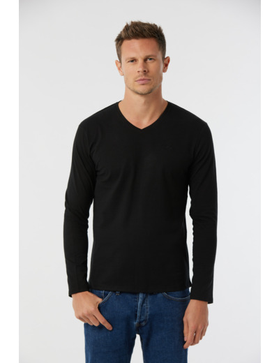 T-shirt manches longues col V broderie poitrine