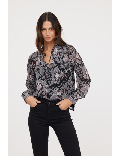 Blouse ample manches bouffantes, col fantaisie avec liens / imprimé tapisserie sur tissu chiffon polyester