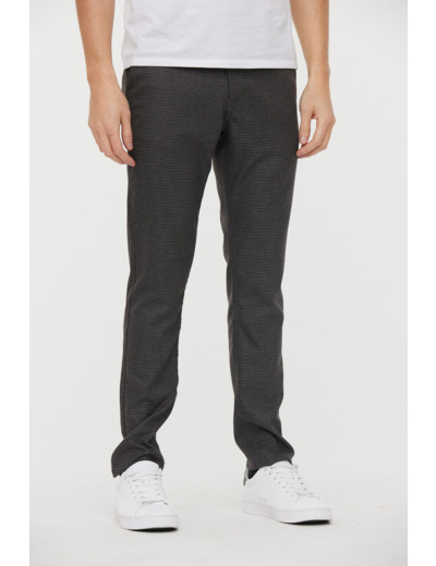 Chino slim, taille medium bas, matière micro carreaux