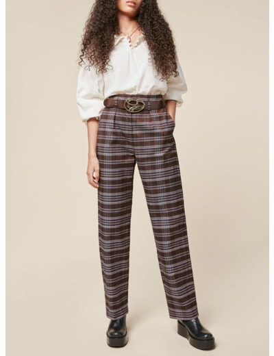 Pantalon large carreaux marron