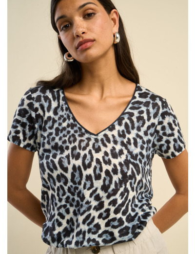 T-shirt col V en lin imprimé léopard