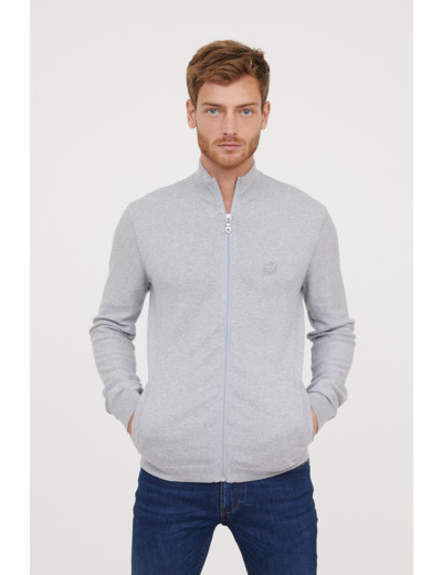 Gilet zippé en coton et laine recyclée, col cheminée avec print poitrine