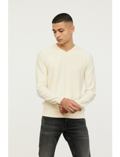 Pull basique col V maille fantaisie en coton bio avec print poitrine