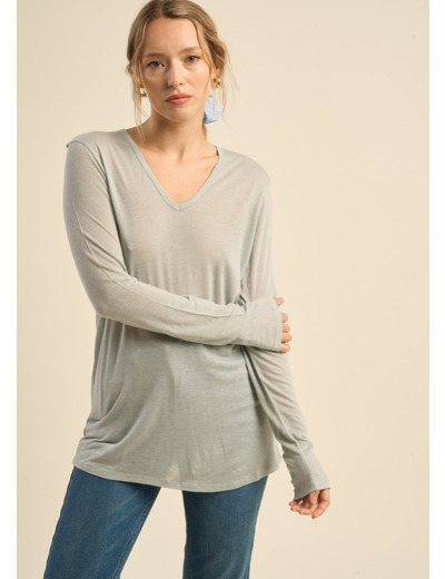 Tee-shirt col V et manches 3/4 en voile de laine