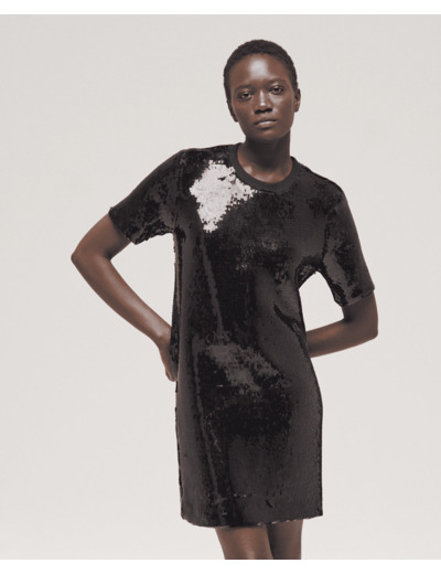 Robe Courte A Manches Courte Ornee De Sequins noir