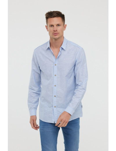 Chemise rayée en tissu coton/lin, manches longues et détails passepoil ton sur ton