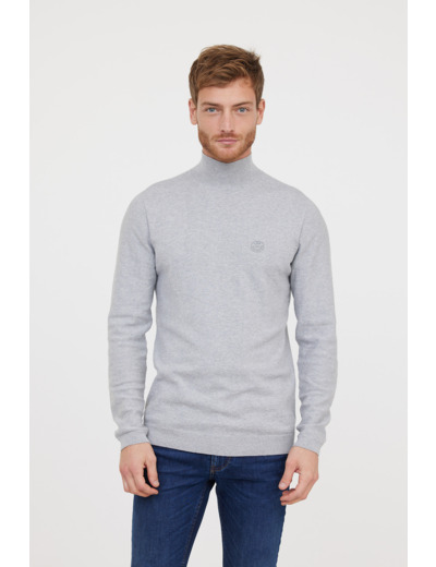 Pull basique col montant avec laine recyclée et print poitrine